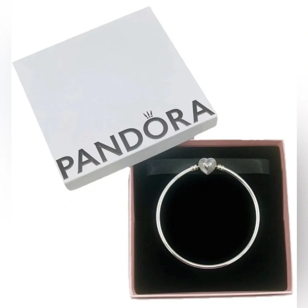 PANDORA Radiating Heart Clasp Bangle Bracelet Sterling Silver 7.5”/19cm~Gift Box - Picture 8 of 9